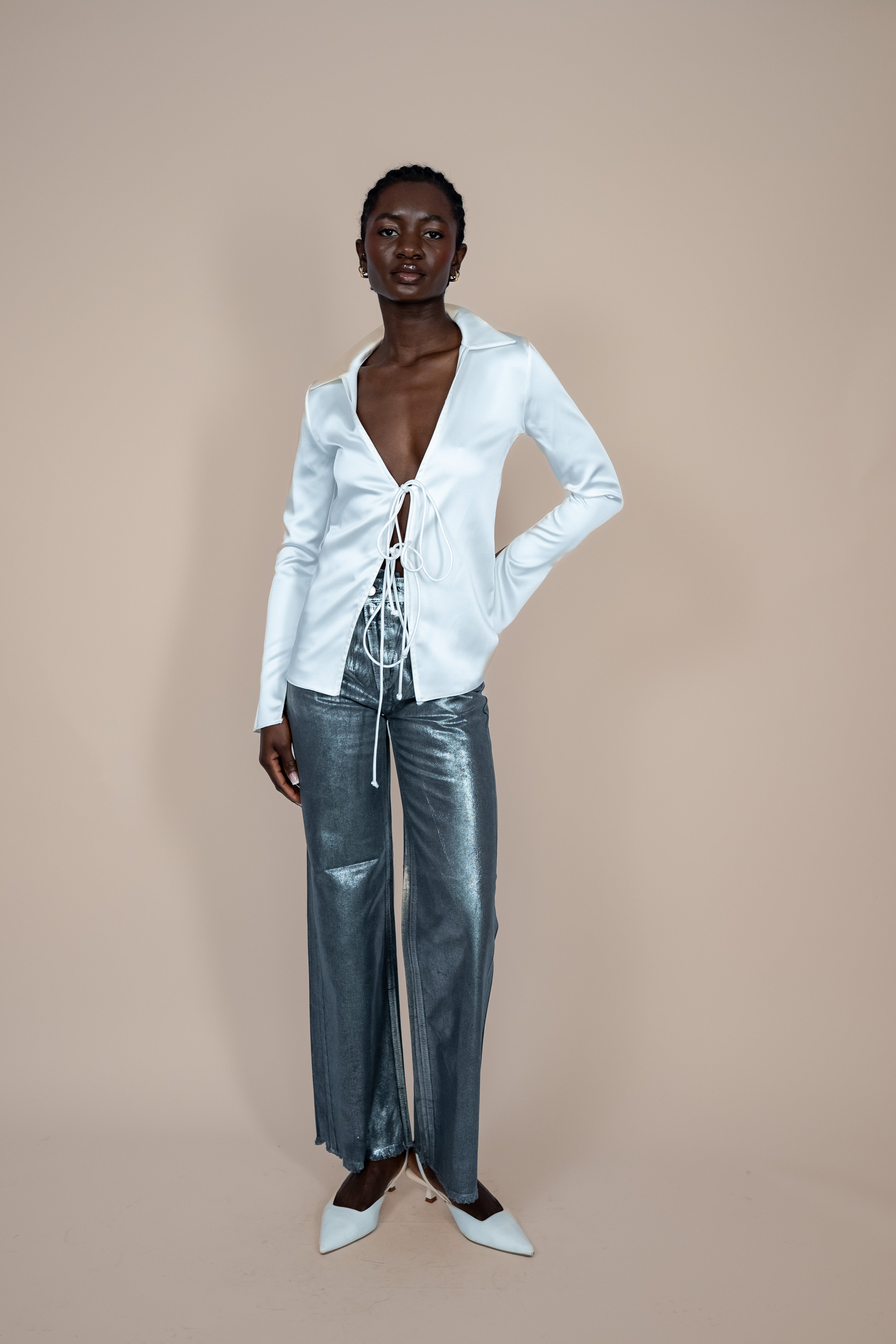 White Satin Tie Top