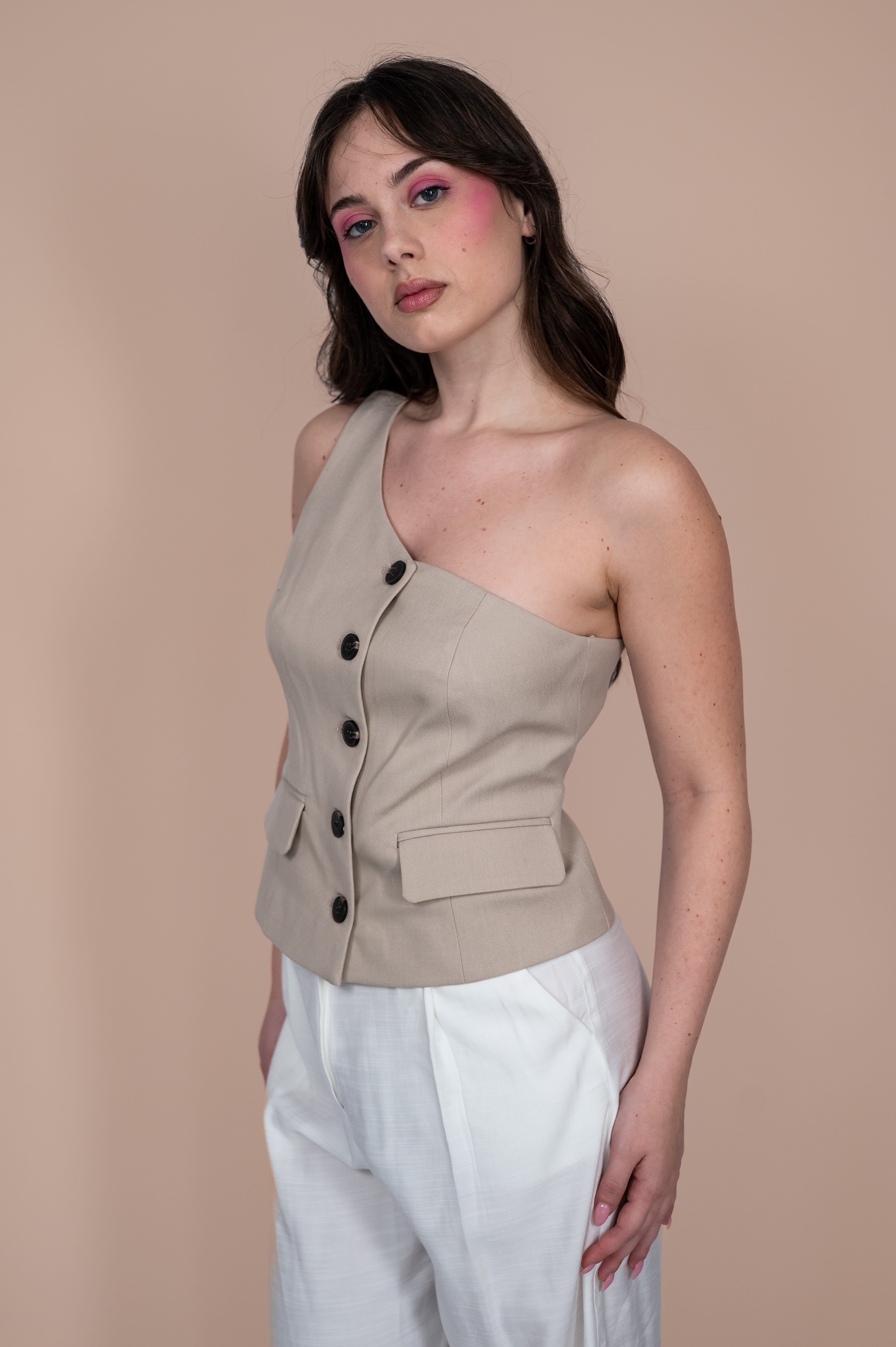 Beige One-Shoulder Gilet
